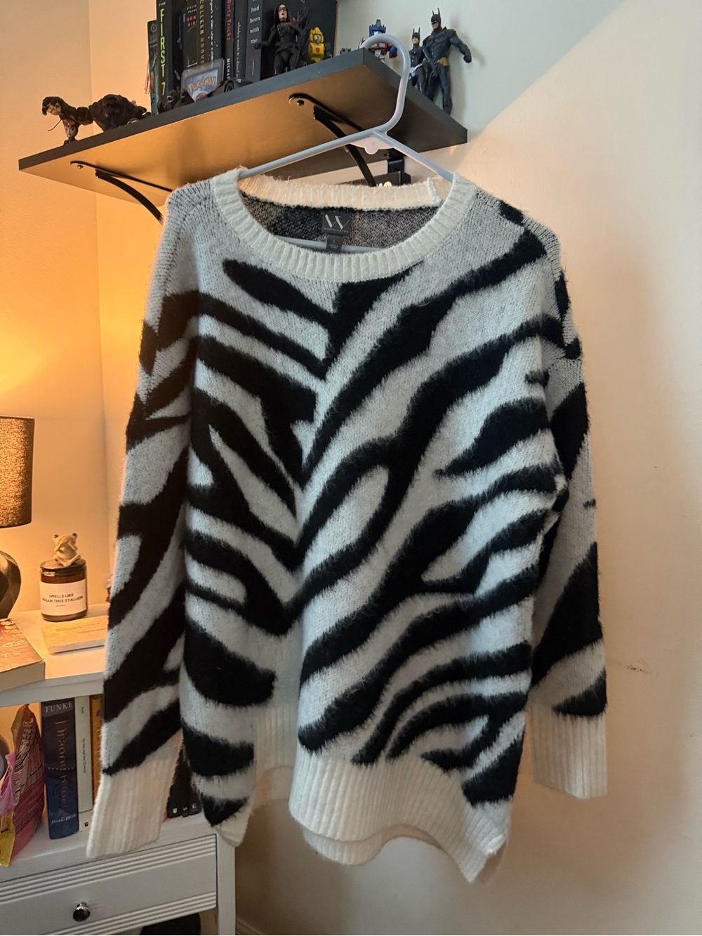 Worthington Black and White Zebra-Print Fuzzy Crewneck Sweater